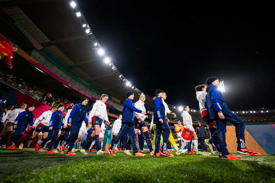 Players of Spain and of Costa Rica enter the picth