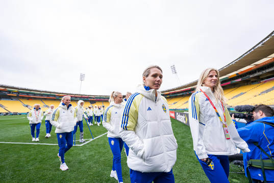 goalkeeper Jennifer Falk and Sofia Jakobsson of the Swedish