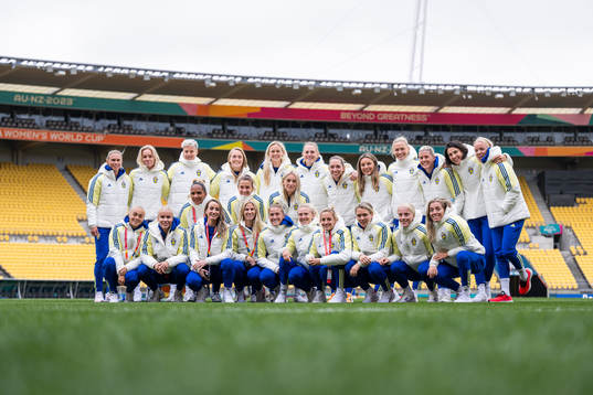Players of the Swedish women's national football team pose