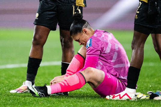 Goalkeeper Kaylin Swart of South Africa in pain