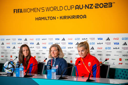 Tuva Hansen, head coach Hege Riise and Ada Hegerberg of the