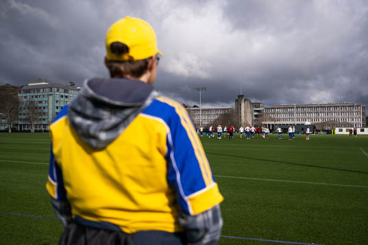 A fan watches players of the Swedish women’s national