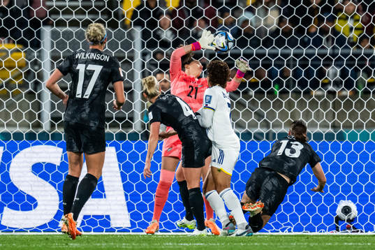 Sarina Bolden of Philippines scores 0-1 behind goalkeeper
