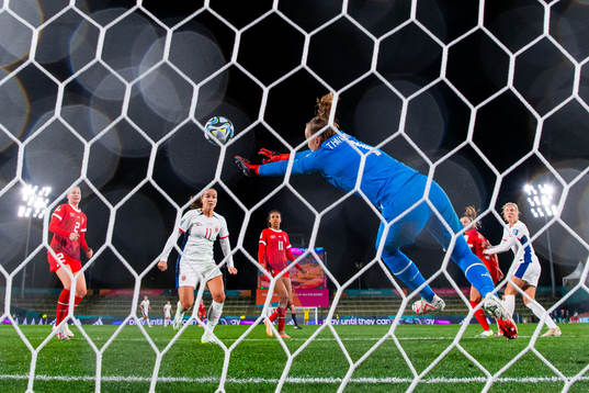 Guro Reiten of Norway, goalkeeper Gaelle Thalmann of