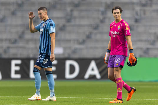 Jesper Löfgren and goalkeeper Jacob Widell Zetterström of