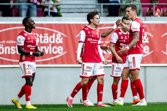 Jacob Trenskow of Kalmar celebrates with team