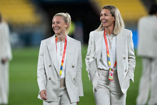 Rebecka Blomqvist and goalkeeper Jennifer Falk of Sweden