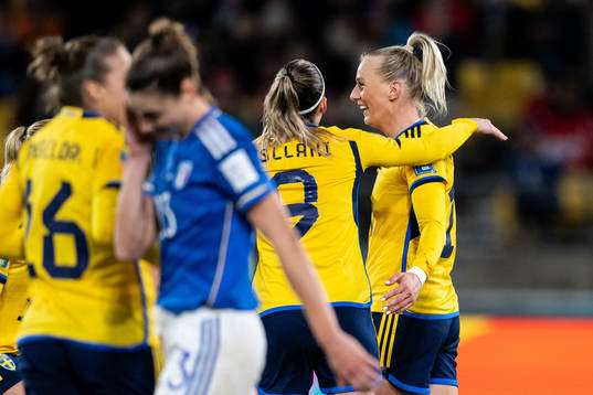 Kosovare Asllani and Stina Blackstenius of Sweden celebrate