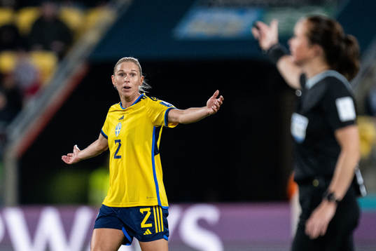 Jonna Andersson of Sweden reacts against referee Cheryl