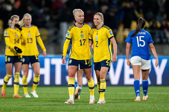 Caroline Seger and Jonna Andersson of Sweden celebrate
