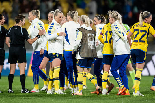 Stina Blackstenius and Anna Sandberg of Sweden celebrate