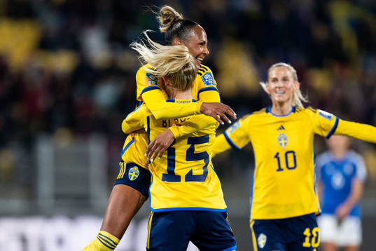 Rebecka Blomqvist of Sweden celebrates with Madelen Janogy