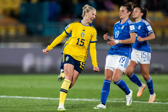 Rebecka Blomqvist of Sweden celebrates and Martina Lenzini