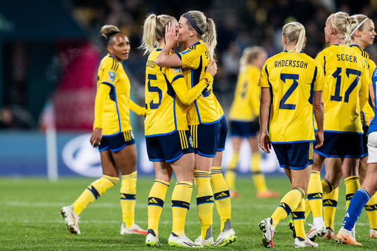 Rebecka Blomqvist and Olivia Schough of Sweden celebrate