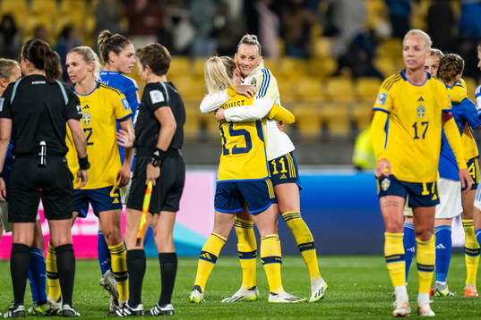 Rebecka Blomqvist and Stina Blackstenius of Sweden celebrate