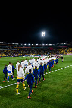 Players of Sweden enter the pitch