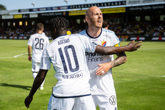 Djurgårdens Joel Asoro jublar med Magnus Eriksson