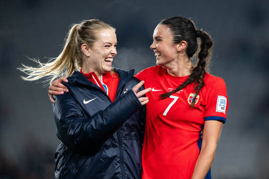 Goalkeeper Guro Pettersen and Ingrid Syrstad Engen of Norway