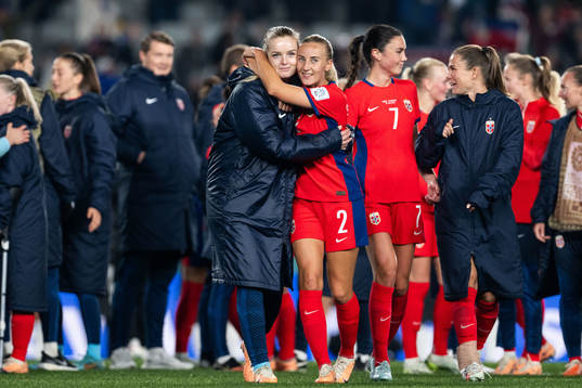 Goalkeeper Guro Pettersen and Anja Sønstevold of Norway
