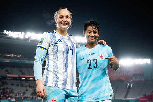 Goalkeeper Aurora Mikalsen of Norway and Meryll Serrano