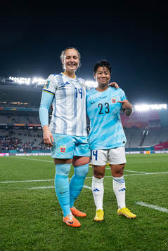 Goalkeeper Aurora Mikalsen of Norway and Meryll Serrano