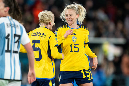 Rebecka Blomqvist of Sweden celebrates with Anna Sandberg