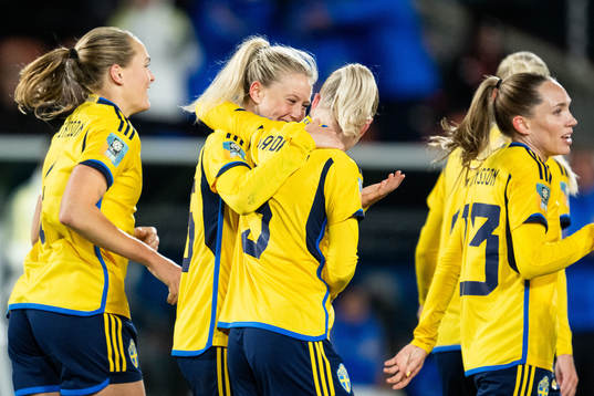 Rebecka Blomqvist of Sweden celebrates with Anna Sandberg