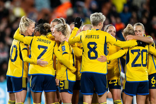 Rebecka Blomqvist of Sweden celebrates with team mates
