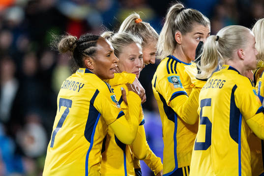 Rebecka Blomqvist of Sweden celebrates with Madelen Janogy,