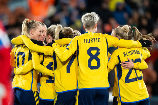 Rebecka Blomqvist of Sweden celebrates with team mates