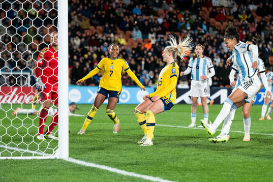 Madelen Janogy and Rebecka Blomqvist of Sweden celebrate