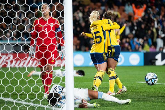 Rebecka Blomqvist of Sweden celebrates with Madelen Janogy