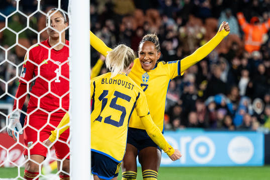 Rebecka Blomqvist of Sweden celebrates with Madelen Janogy