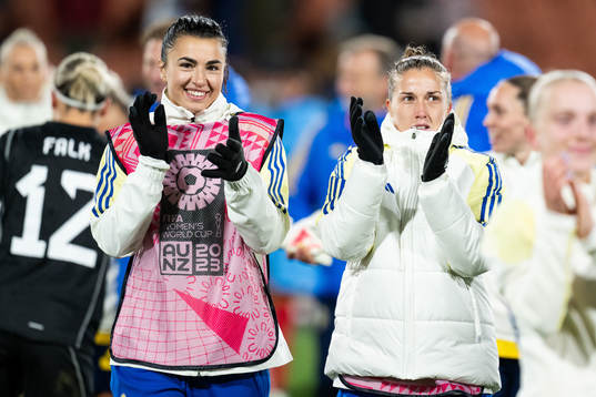 Goalkeeper Zecira Musovic and Filippa Angeldahl of Sweden
