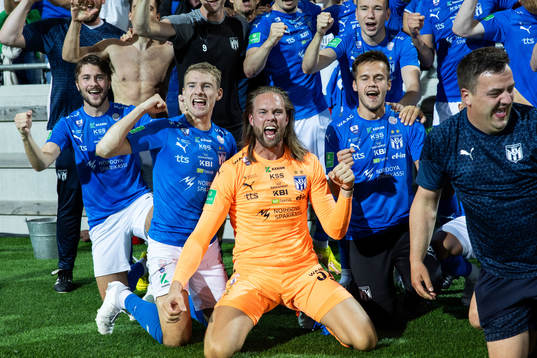 Goalkeeper Jonatan Johansson of Klaksvik celebrates with