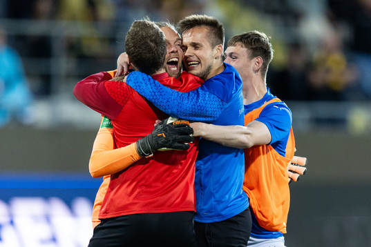 Goalkeeper Jonatan Johansson of Klaksvik celebrates with