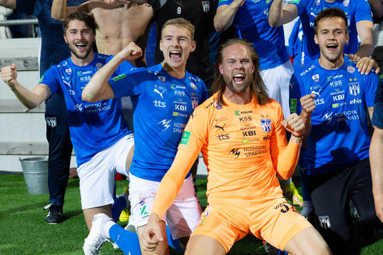 Goalkeeper Nils Jonatan Johansson of Klaksvik celebrates