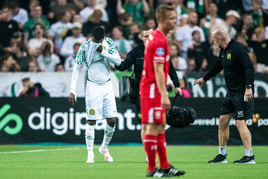 Shaquille Pinas of Hammarby leaves the pitch injured