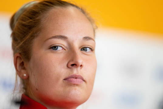 Goalkeeper Aurora Mikalsen of Norway at a press conference