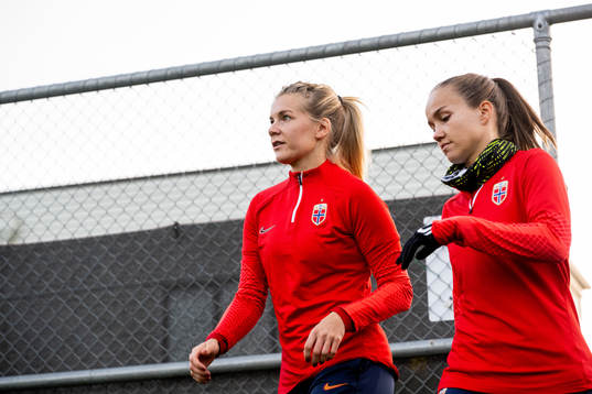 Ada Hegerberg and Guro Reiten of Norway at a training
