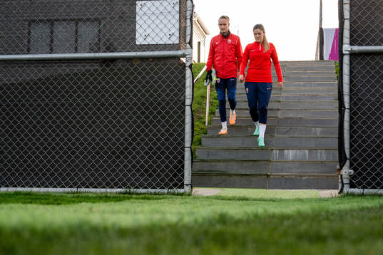Caroline Graham Hansen and Maren Mjelde of Norway at a