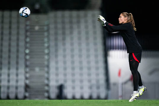 Goalkeeper Aubrey Kingsbury at a training session with the