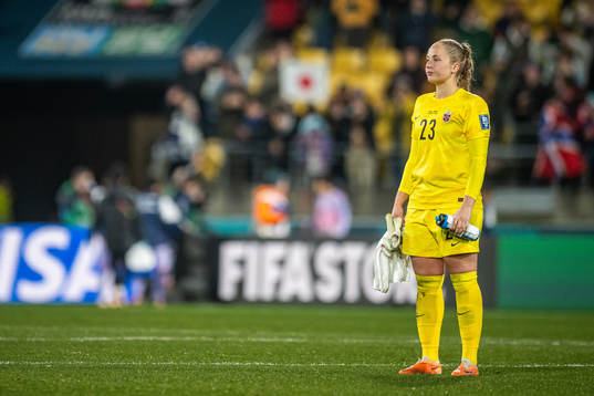 Goalkeeper Aurora Mikalsen of Norway looks dejected