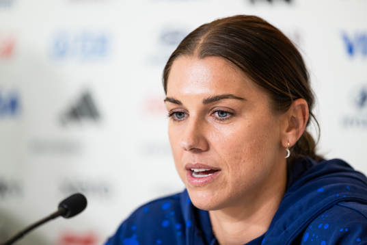 Alex Morgan at a press conference with the women's national
