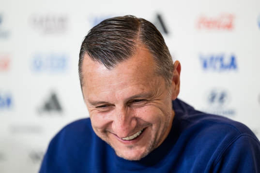 Head coach Vlatko Andonovski at a press conference with the