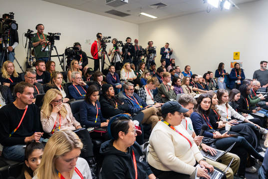 Journalists at a press conference with the women's national
