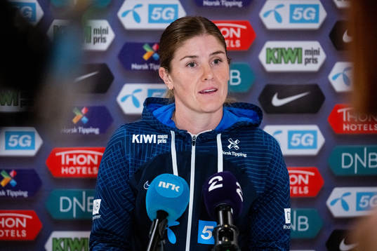 Maren Mjelde of Norway at a press conference