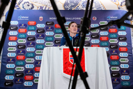 Maren Mjelde of Norway at a press conference