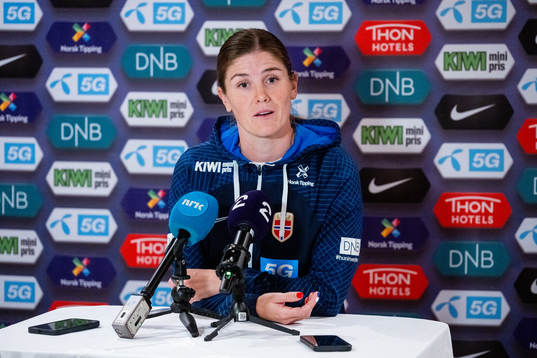 Maren Mjelde of Norway at a press conference