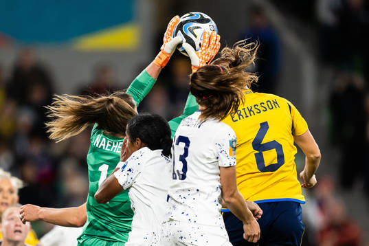 Goalkeeper Alyssa Naeher of USA and Magdalena Eriksson of